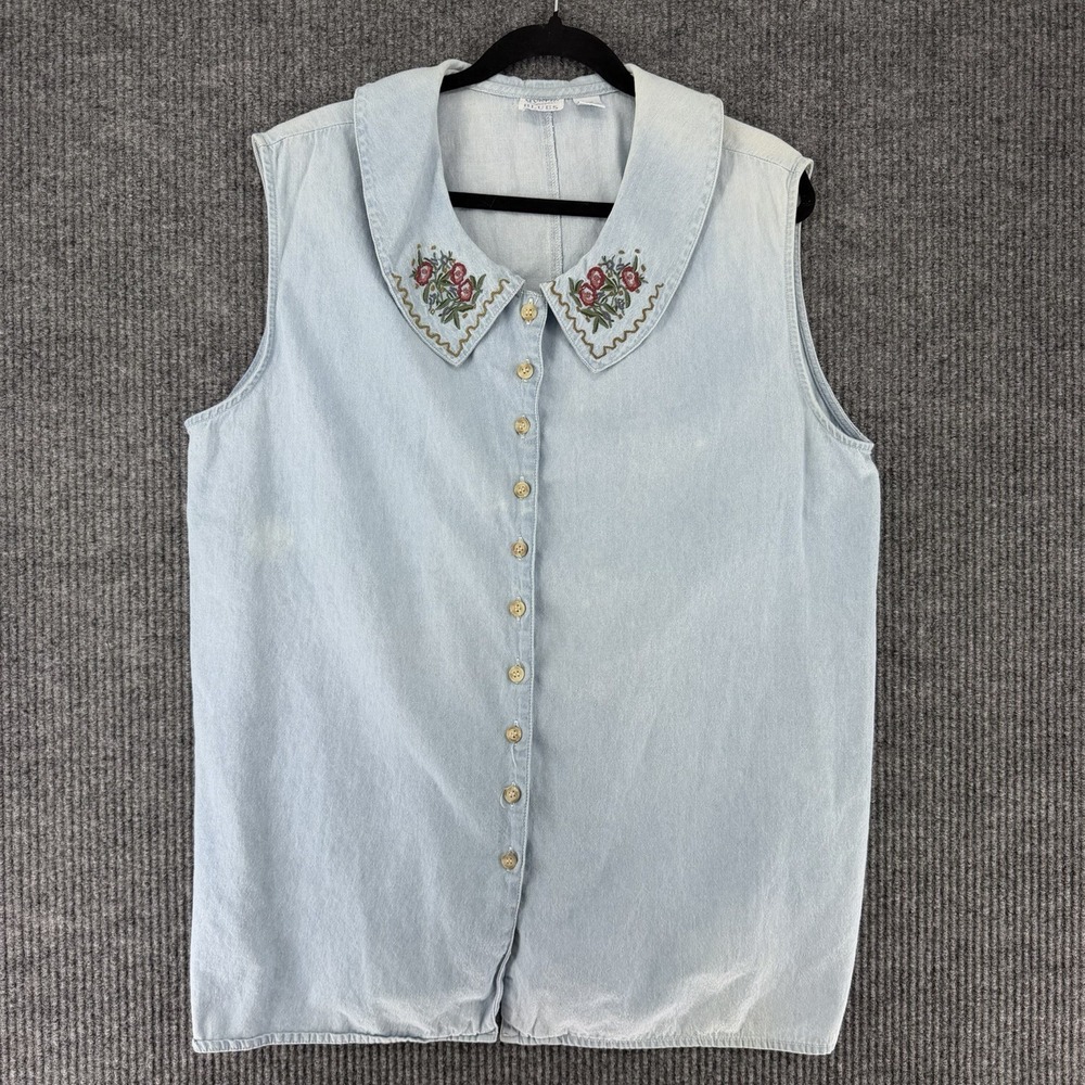 Vintage Mystic Blues sleeveless button up shirt embroidered peter pan collar 22W